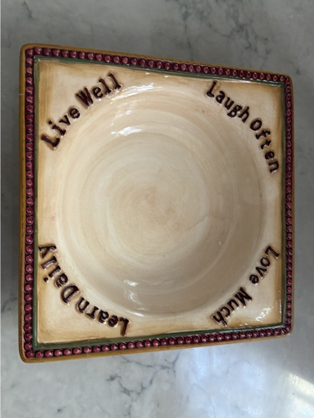 Decorative 'Live Well Laugh Often' Square Ceramic Bowl - Beige with Red Trim